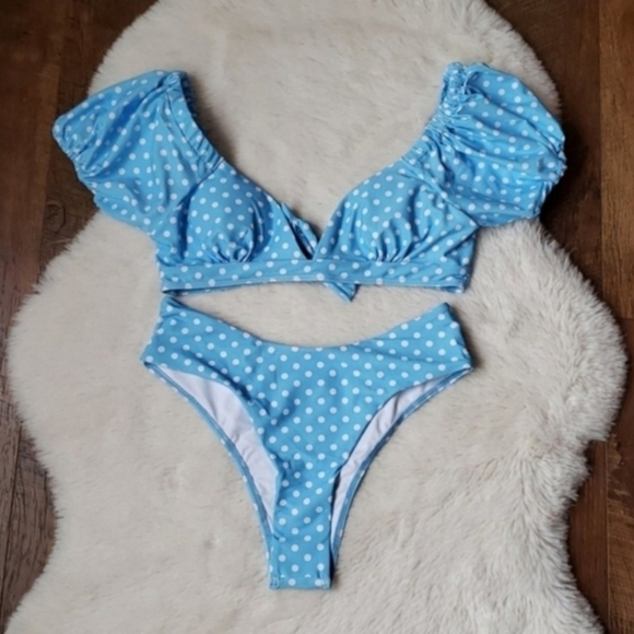 New Blue Polka Dots Puff Sleeve Self Tie Top Bikini Set Size L - Picture 5 of 7